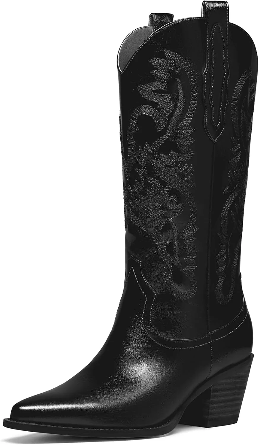 Mid Calf Metallic Cowboy Boots For Women Glitter Western Embroidered Cowgirl Boots Wide Calf Chunky Heel Wide Calf Short Boots Pull on Pointy Toe Fashion Vintage Boots