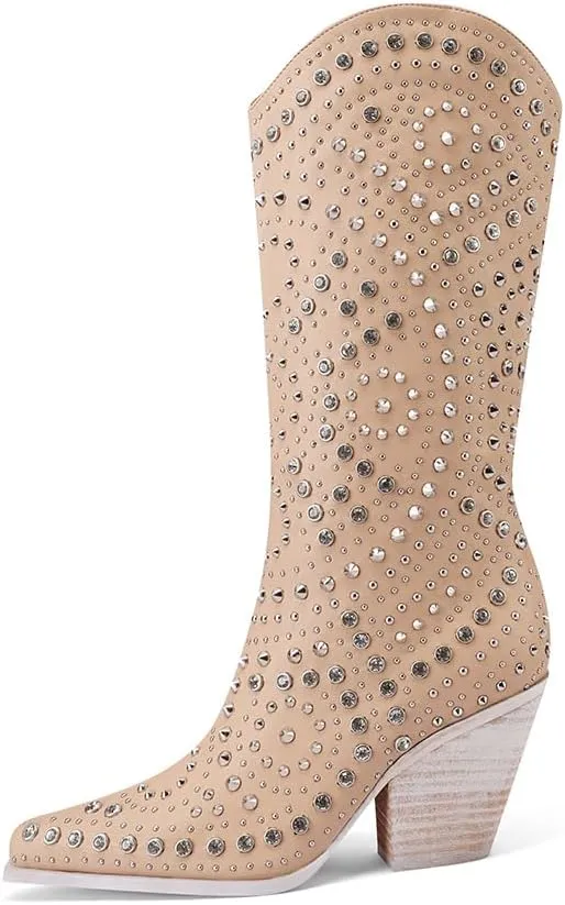 Mi.iM Women's Rhinestone Cowboy Boots Knee High Wide Calf Cowgirl Boots Western Pointed Toe Chunky Heel Sparkly Cowgirl Booties Pull On Cowboy Boots for Women