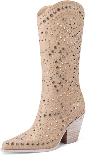 Mi.iM Women's Rhinestone Cowboy Boots Knee High Wide Calf Cowgirl Boots Western Pointed Toe Chunky Heel Sparkly Cowgirl Booties Pull On Cowboy Boots for Women