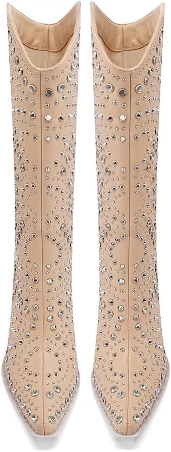 Mi.iM Women's Rhinestone Cowboy Boots Knee High Wide Calf Cowgirl Boots Western Pointed Toe Chunky Heel Sparkly Cowgirl Booties Pull On Cowboy Boots for Women