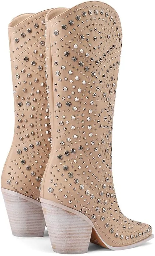 Mi.iM Women's Rhinestone Cowboy Boots Knee High Wide Calf Cowgirl Boots Western Pointed Toe Chunky Heel Sparkly Cowgirl Booties Pull On Cowboy Boots for Women