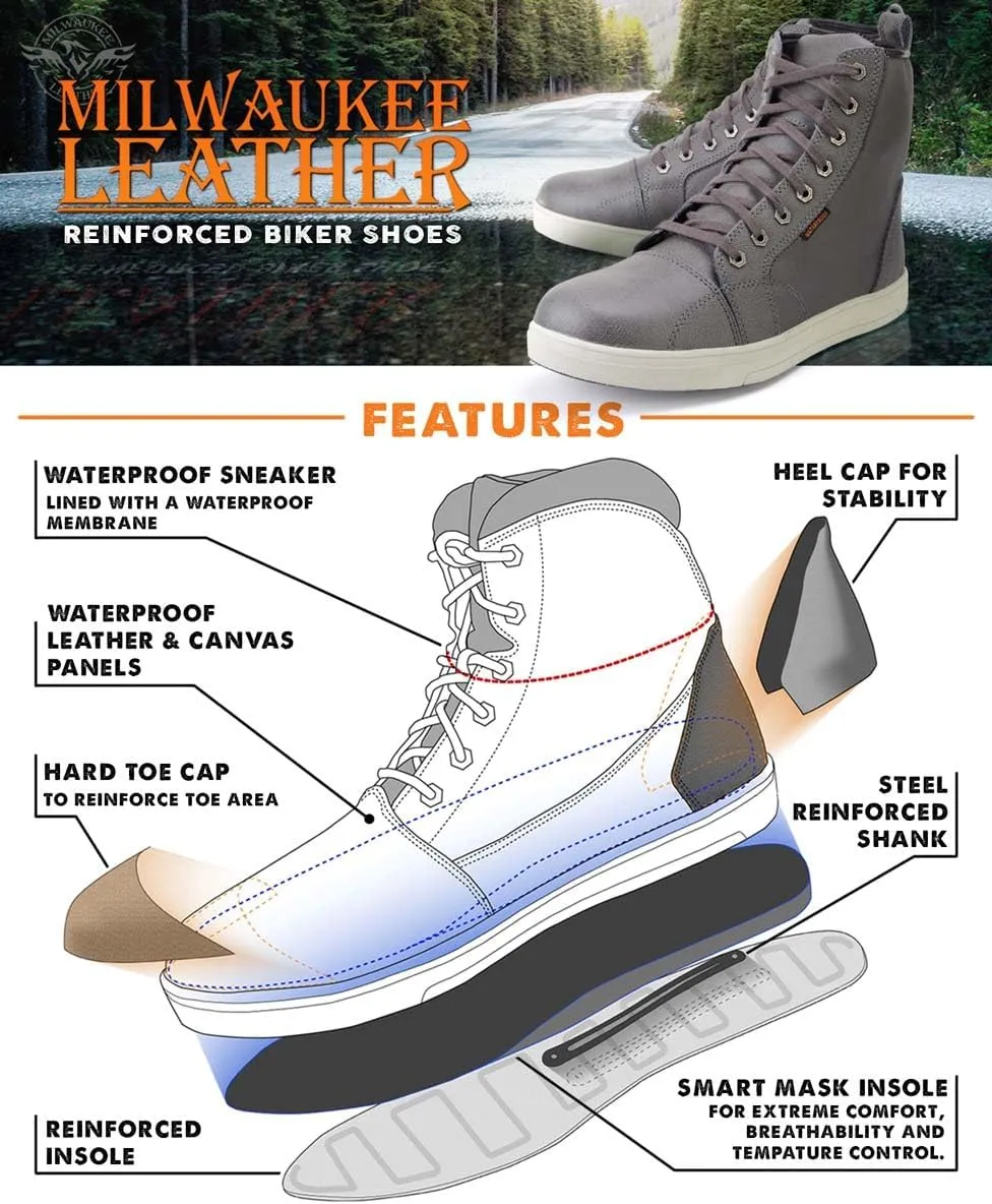 Milwaukee Leather MBM9003WP Men's Grey Leather and Canvas Reinforced Street Riding Waterproof Shoes with Ankle Support - 9.5