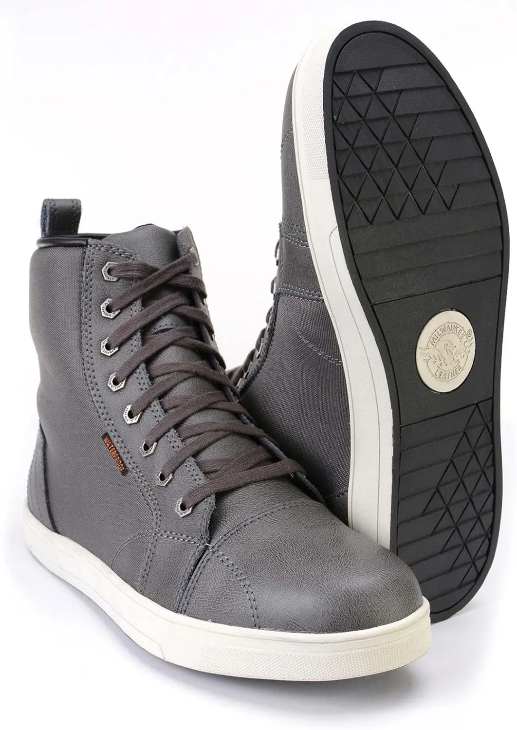 Milwaukee Leather MBM9003WP Men's Grey Leather and Canvas Reinforced Street Riding Waterproof Shoes with Ankle Support - 9.5