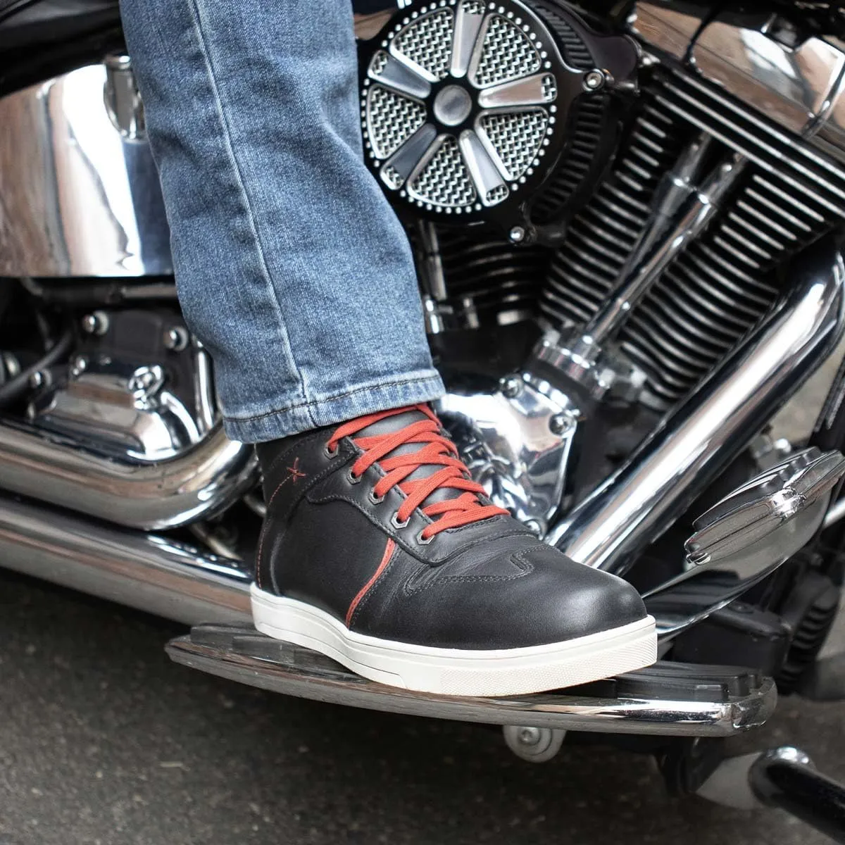 Milwaukee Leather MBM9102 Men's Black Leather with Red Shoe Lace Reinforced Street Riding Shoes w/Ankle Support - 10