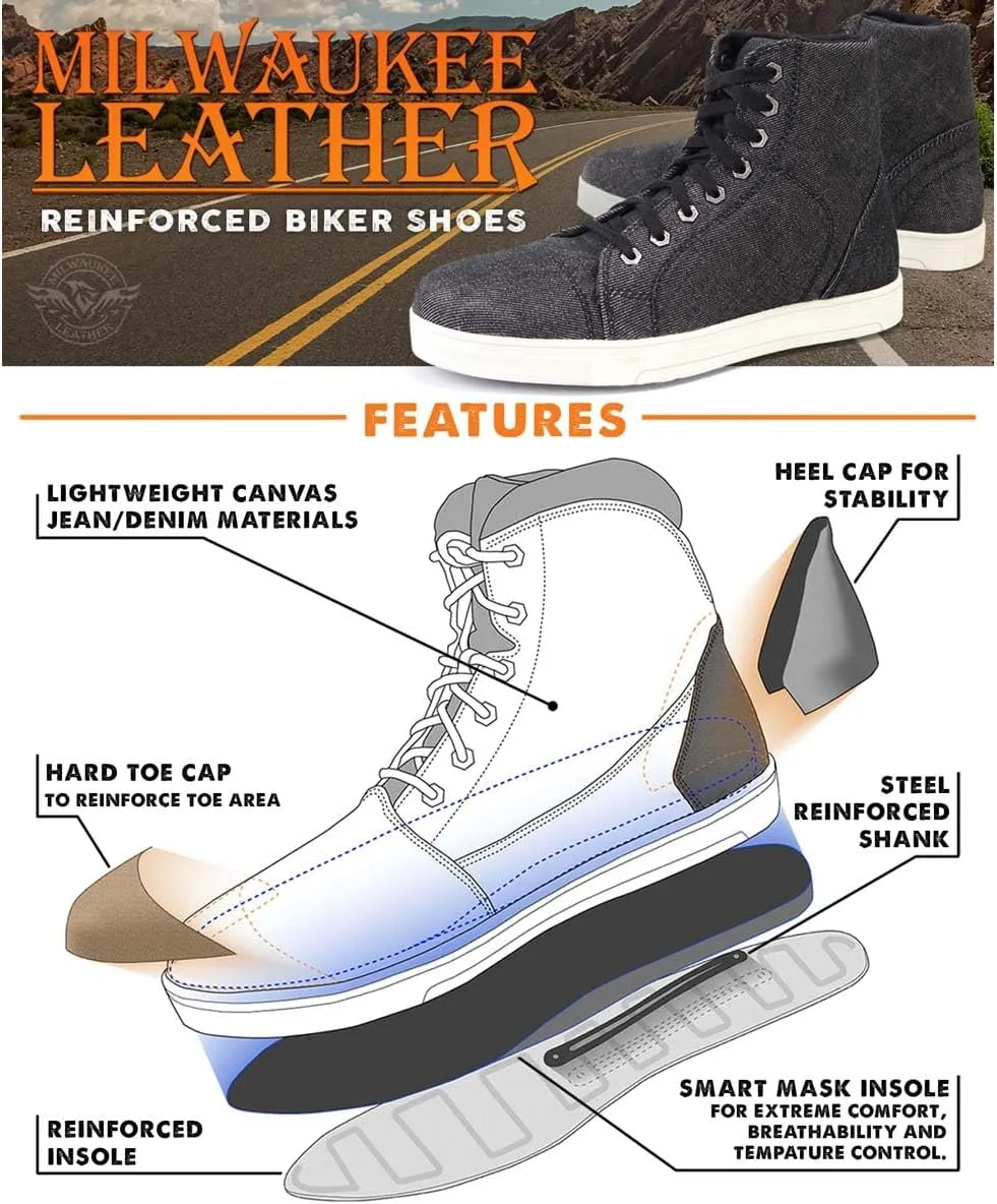 Milwaukee Leather MBM9108 Men's Black Canvas Reinforced Motorcycle Casual Street Riding Shoes w/Ankle Support - 10.5