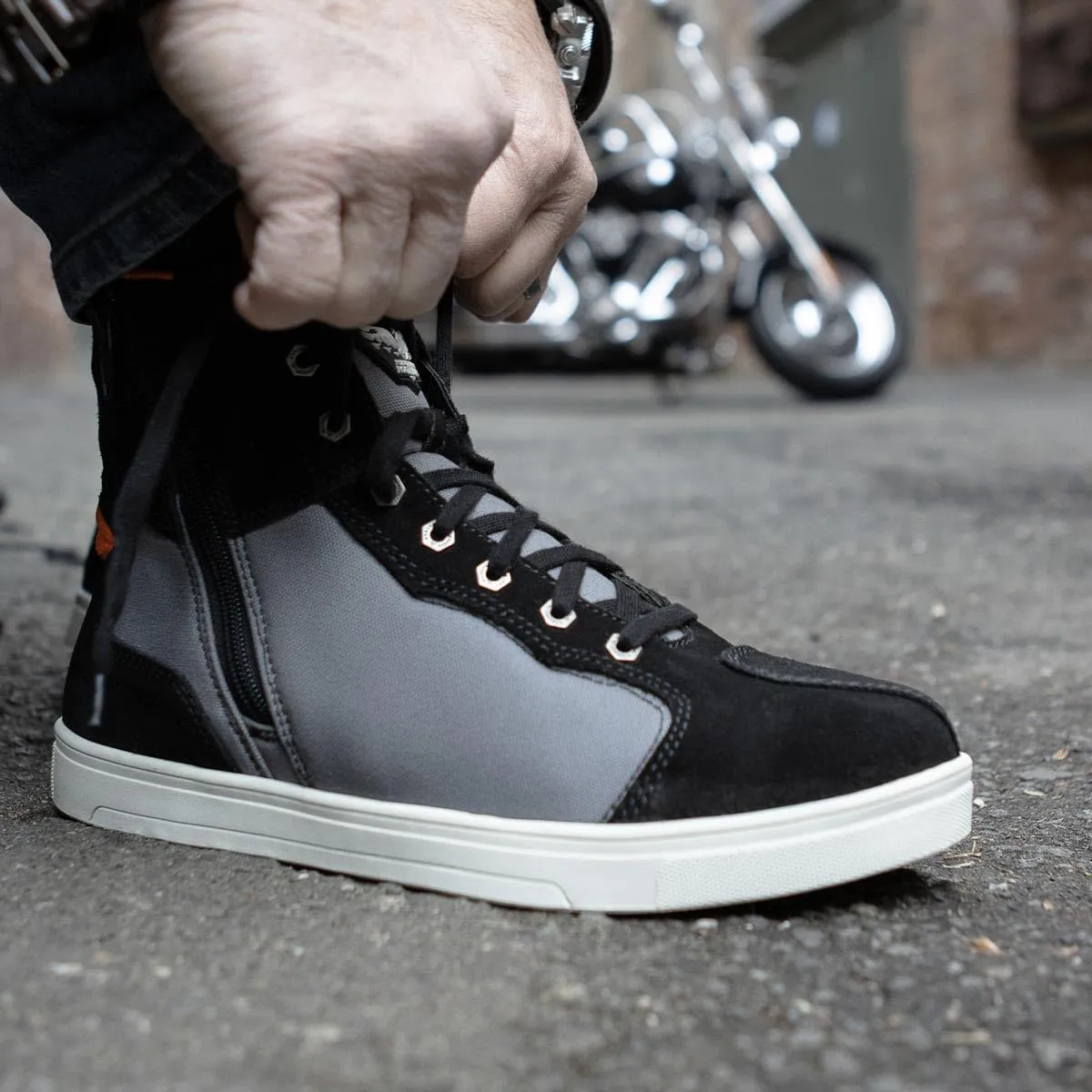 Milwaukee Leather MBM9116 Men's Black Suede and Grey Canvas Street Riding Shoes with Dual Closure and Ankle Support - 11.5