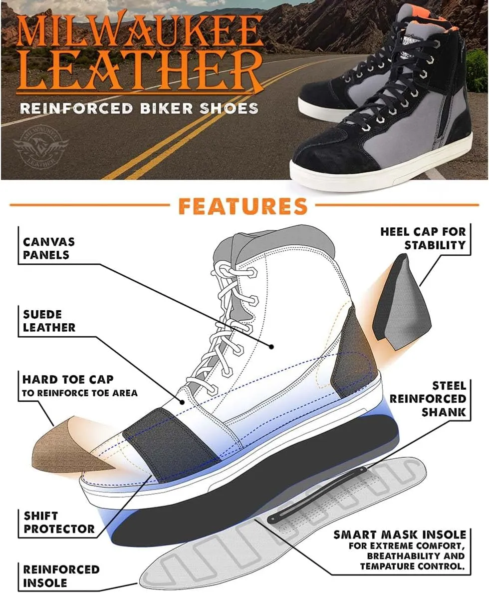 Milwaukee Leather MBM9116 Men's Black Suede and Grey Canvas Street Riding Shoes with Dual Closure and Ankle Support - 11.5