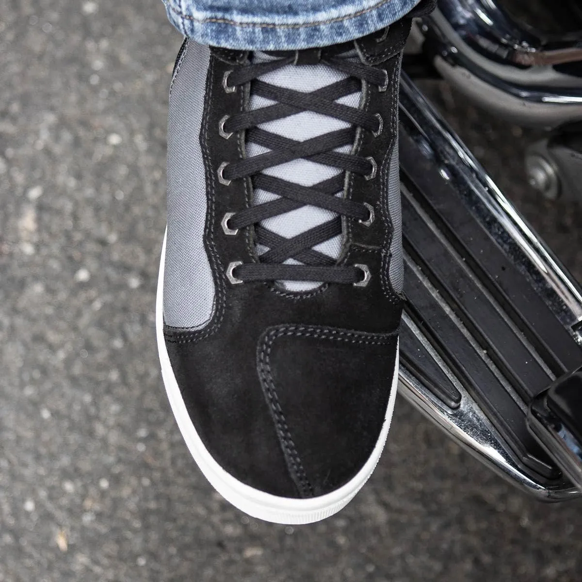 Milwaukee Leather MBM9116 Men's Black Suede and Grey Canvas Street Riding Shoes with Dual Closure and Ankle Support - 11.5