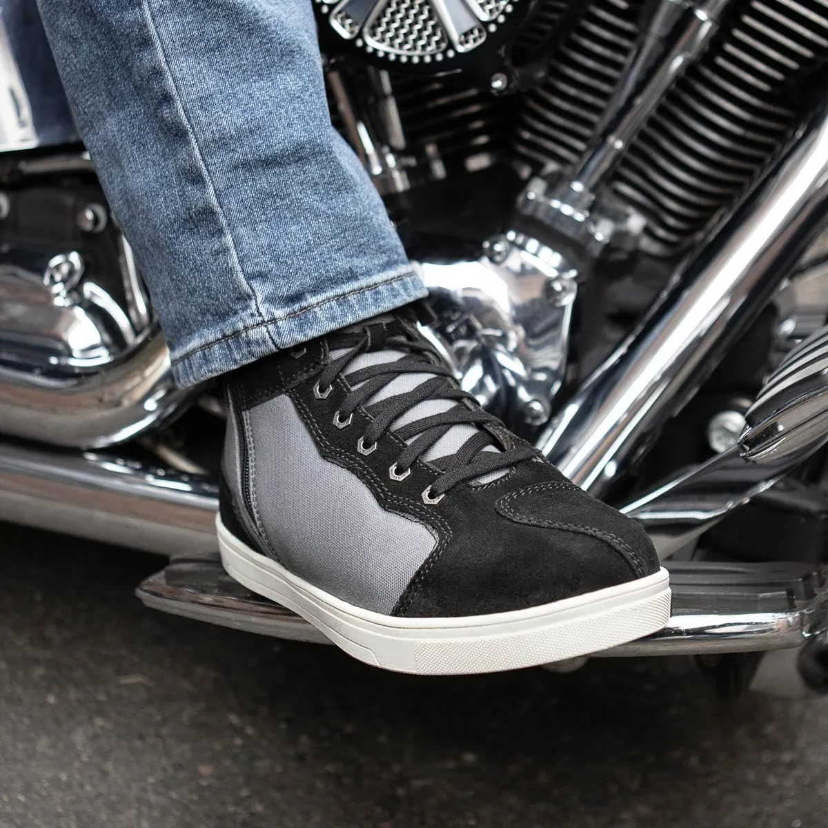 Milwaukee Leather MBM9116 Men's Black Suede and Grey Canvas Street Riding Shoes with Dual Closure and Ankle Support - 11.5