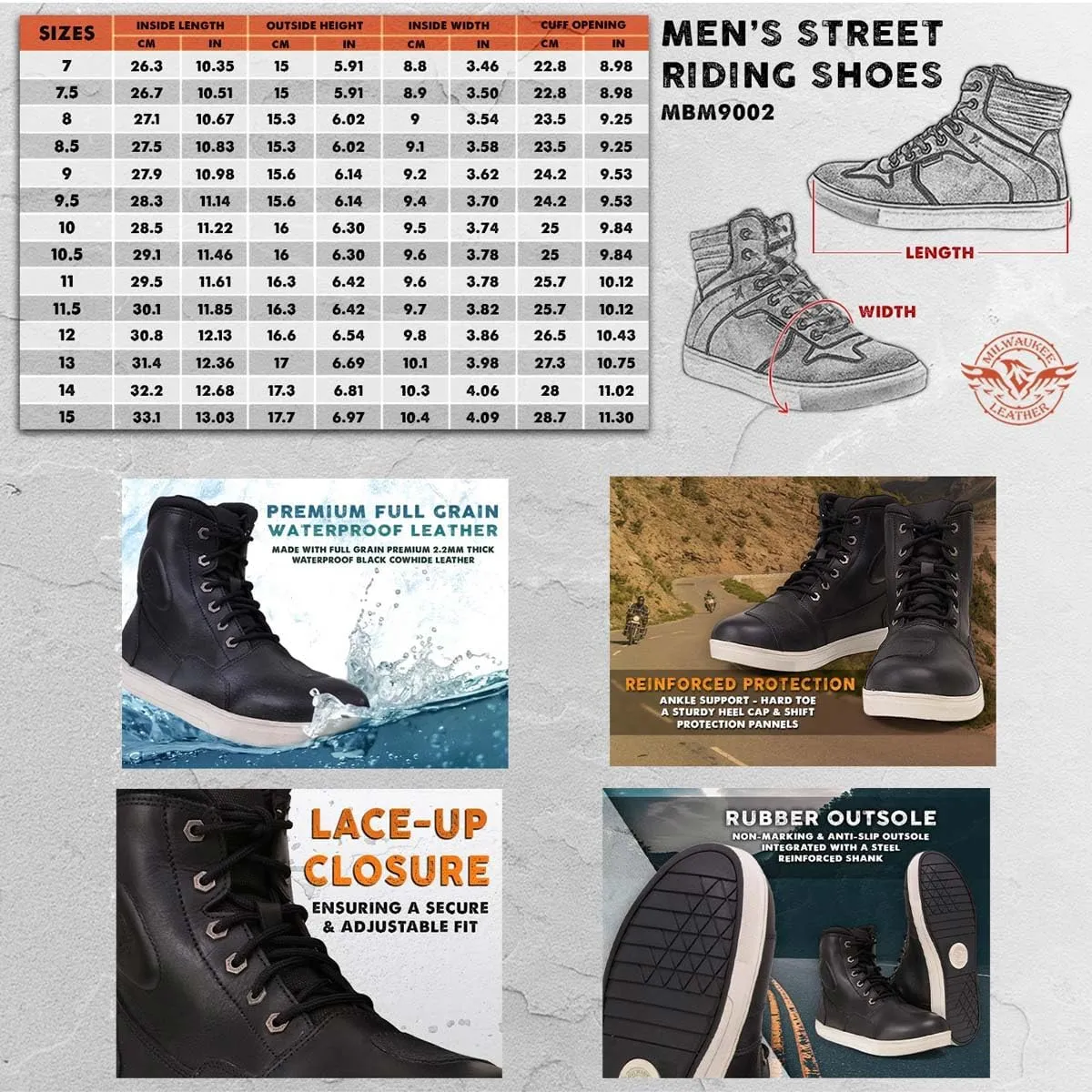 Milwaukee Leather Men's Motorcycle Reinforced Street Biker Casual Riding Shoes Leather Suede Canvas - 9
