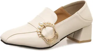 MIOKE Women's Square Toe Pump Loafers Slip-On Pearls Buckle Comfy Chunky Mid Heel Office Work Dress Shoes