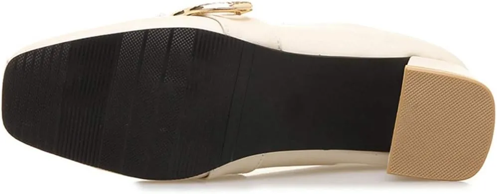 MIOKE Women's Square Toe Pump Loafers Slip-On Pearls Buckle Comfy Chunky Mid Heel Office Work Dress Shoes