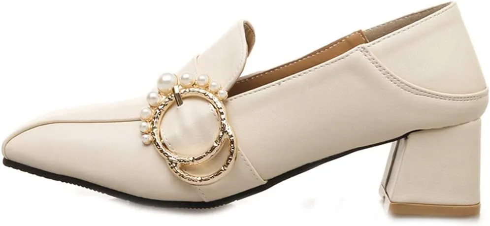 MIOKE Women's Square Toe Pump Loafers Slip-On Pearls Buckle Comfy Chunky Mid Heel Office Work Dress Shoes