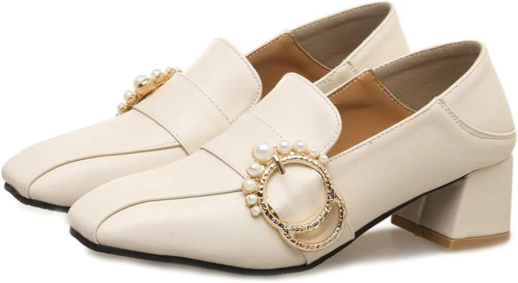 MIOKE Women's Square Toe Pump Loafers Slip-On Pearls Buckle Comfy Chunky Mid Heel Office Work Dress Shoes