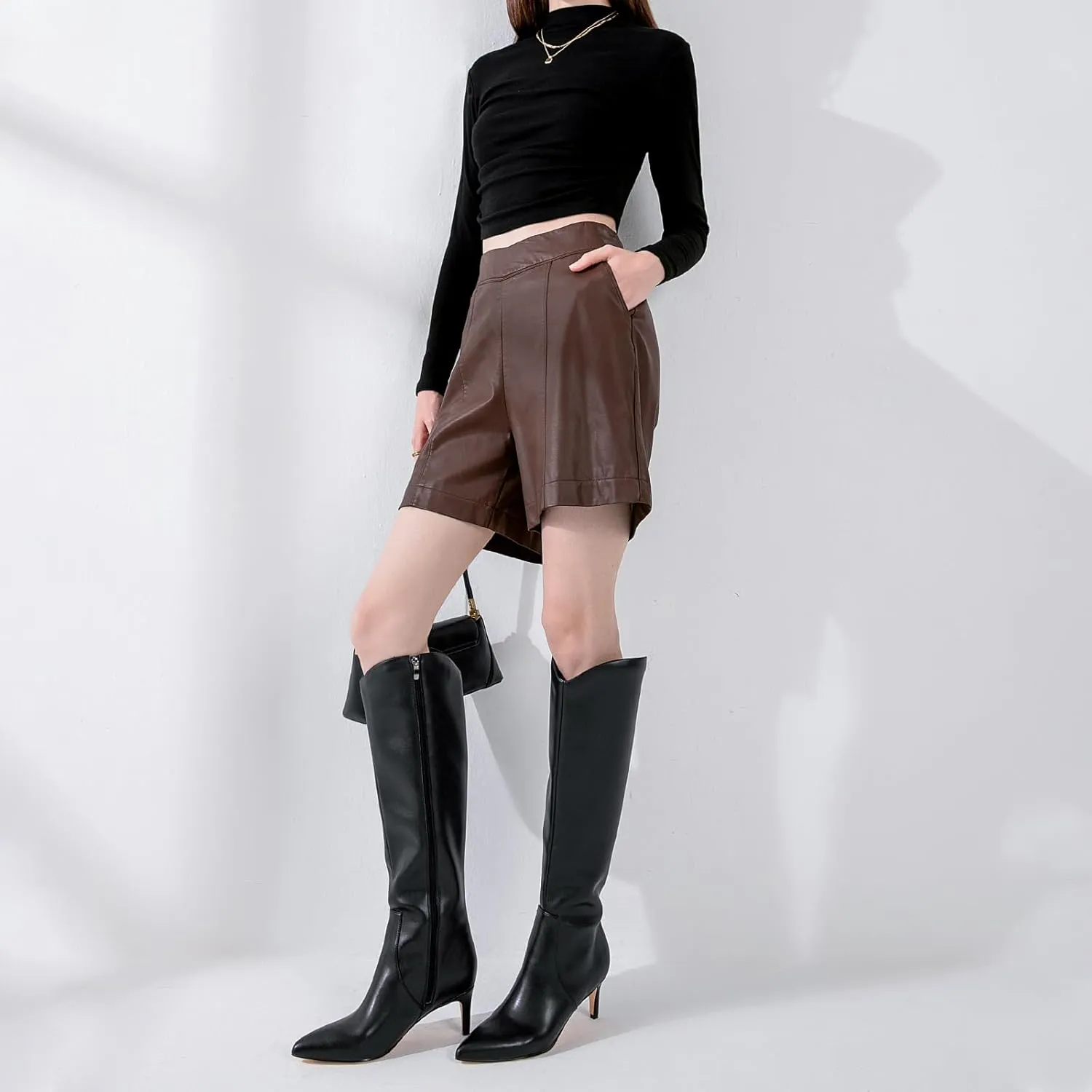 MIRAAZZURRA Kitten Heel Knee High Boots for Women Pointed Toe Low Heel Tall Boots Winter Fall Boots with Side Zipper for Office Casual