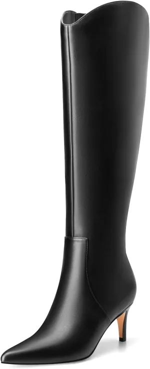 MIRAAZZURRA Kitten Heel Knee High Boots for Women Pointed Toe Low Heel Tall Boots Winter Fall Boots with Side Zipper for Office Casual