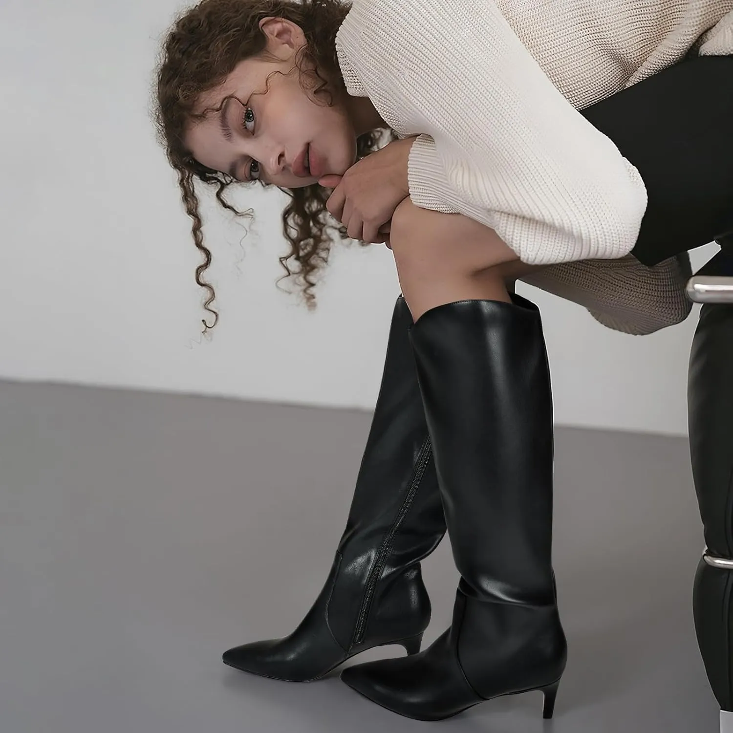 MIRAAZZURRA Kitten Heel Knee High Boots for Women Pointed Toe Low Heel Tall Boots Winter Fall Boots with Side Zipper for Office Casual