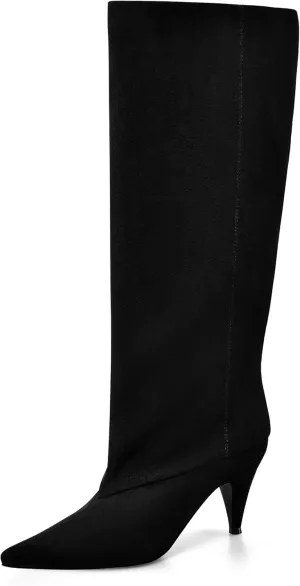 MIRAAZZURRA Womens Knee High Boots Pointed Toe Slouchy Boots for Women Wide Calf Cone Heel Pull on Boots