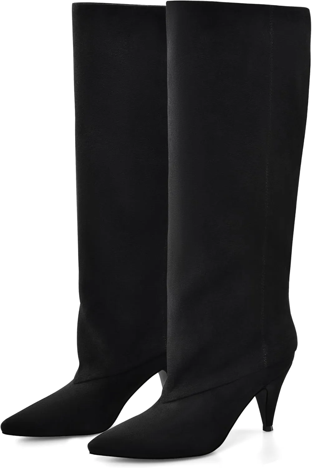 MIRAAZZURRA Womens Knee High Boots Pointed Toe Slouchy Boots for Women Wide Calf Cone Heel Pull on Boots