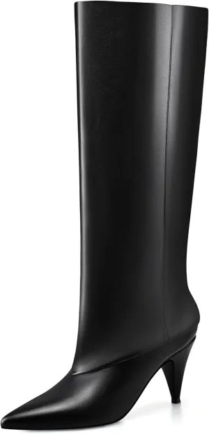 MIRAAZZURRA Womens Knee High Boots Pointed Toe Slouchy Boots for Women Wide Calf Cone Heel Pull on Boots