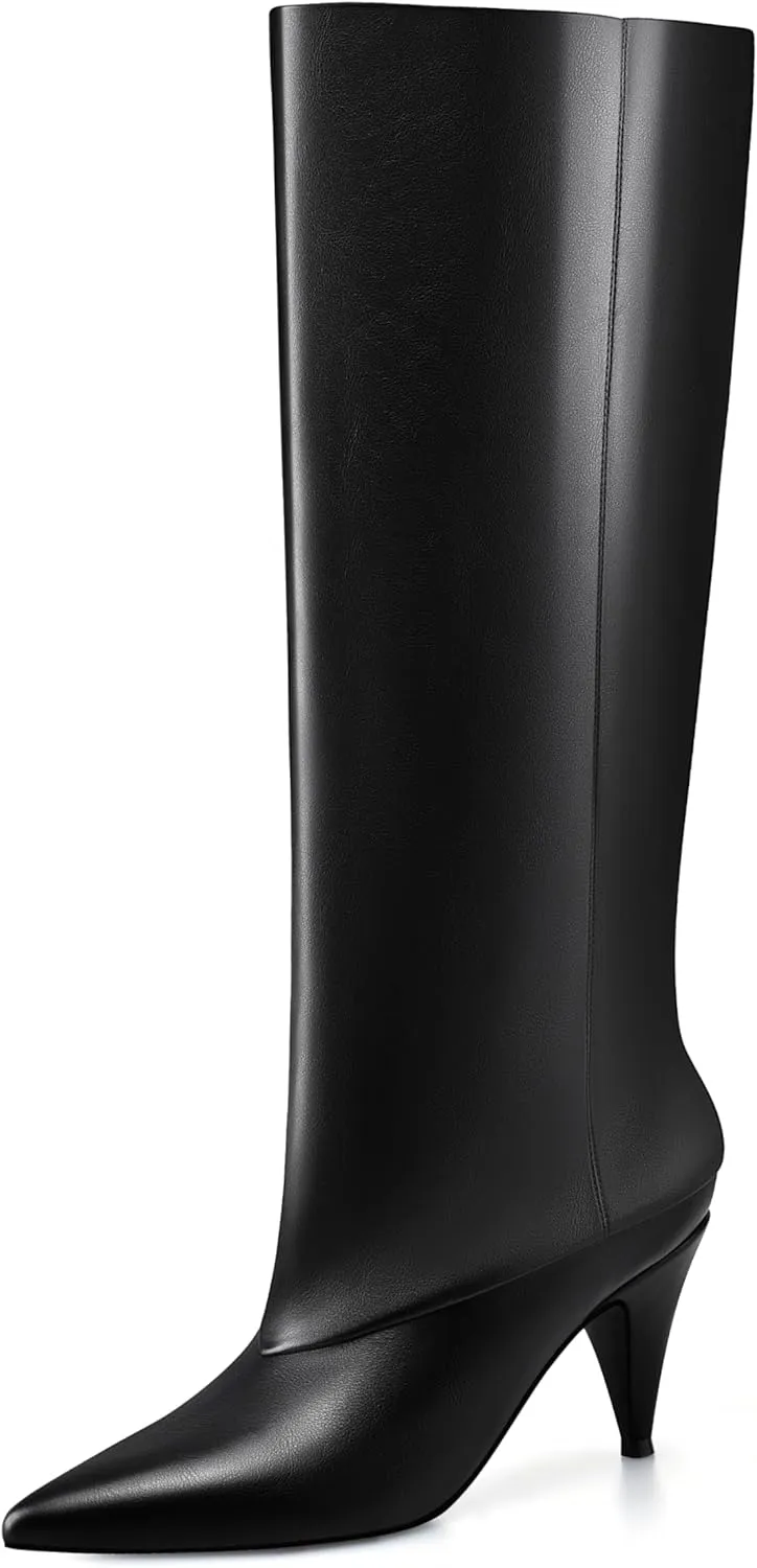 MIRAAZZURRA Womens Knee High Boots Pointed Toe Slouchy Boots for Women Wide Calf Cone Heel Pull on Boots
