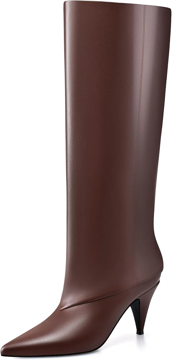 MIRAAZZURRA Womens Knee High Boots Pointed Toe Slouchy Boots for Women Wide Calf Cone Heel Pull on Boots
