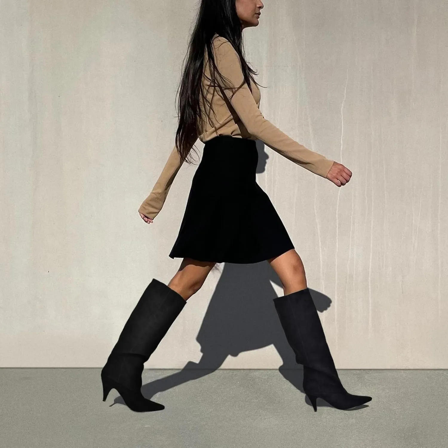 MIRAAZZURRA Womens Knee High Boots Pointed Toe Slouchy Boots for Women Wide Calf Cone Heel Pull on Boots