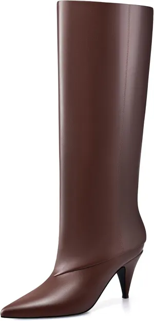 MIRAAZZURRA Womens Knee High Boots Pointed Toe Slouchy Boots for Women Wide Calf Cone Heel Pull on Boots