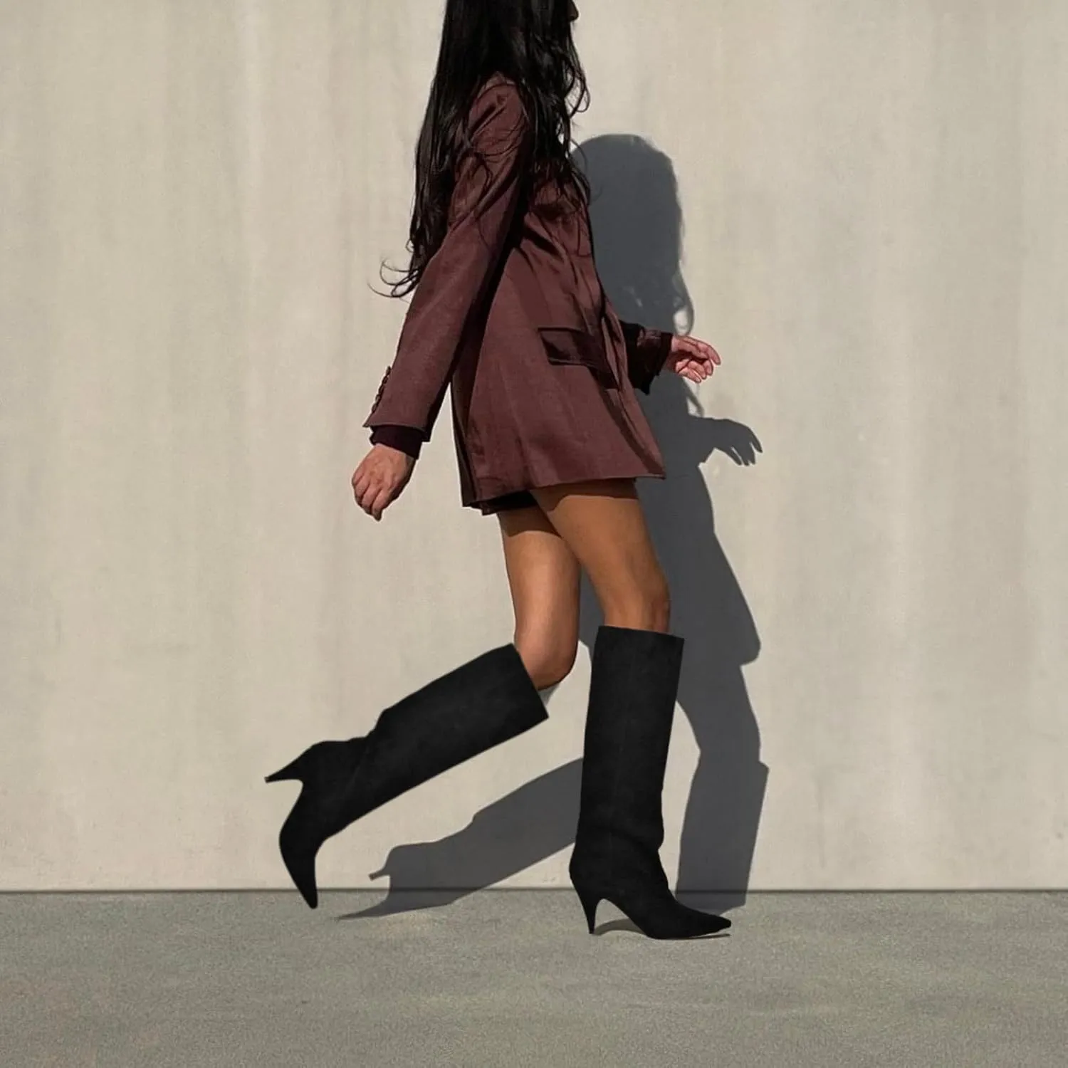 MIRAAZZURRA Womens Knee High Boots Pointed Toe Slouchy Boots for Women Wide Calf Cone Heel Pull on Boots