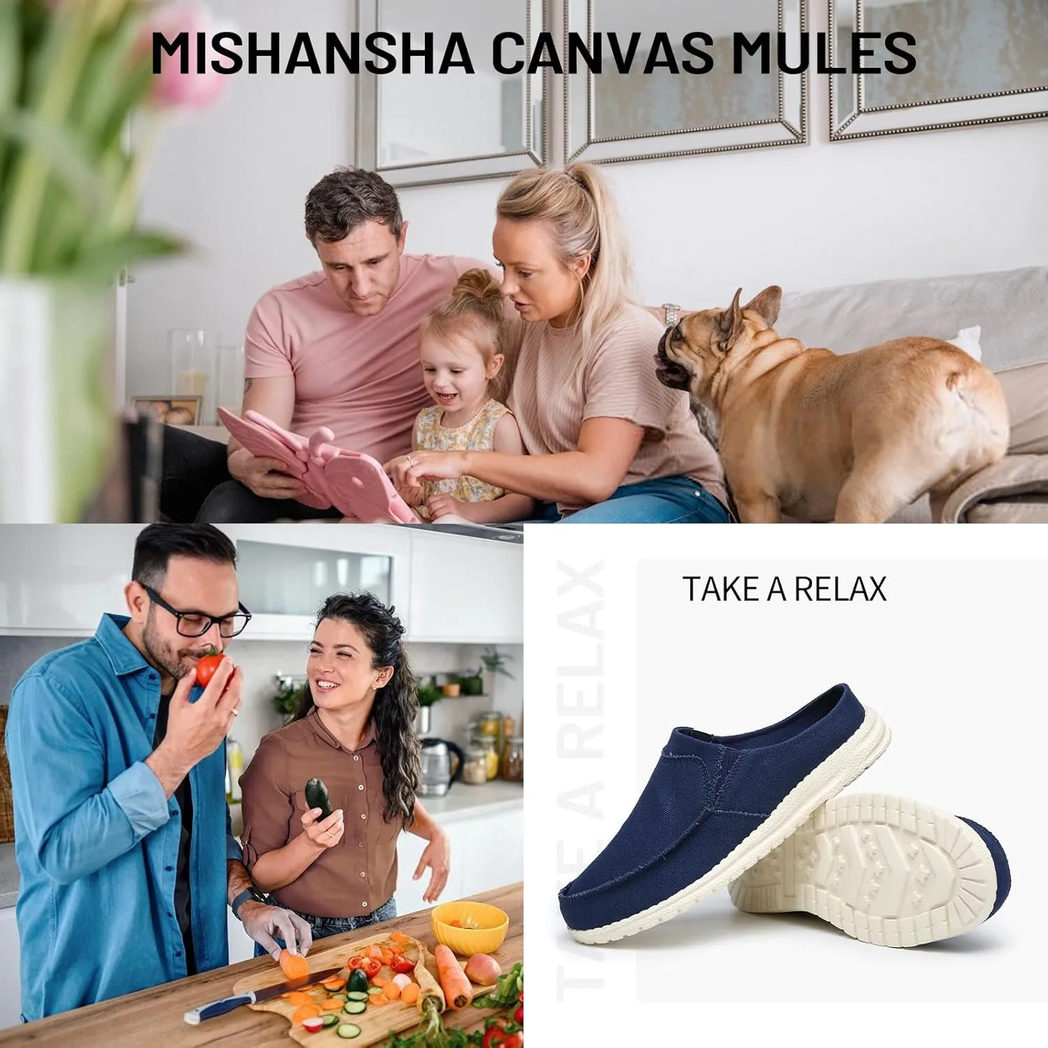 Mishansha Canvas Mules for Women Comfortable Slip on Shoes Men's Women's Indoor Outdoor House Shoes