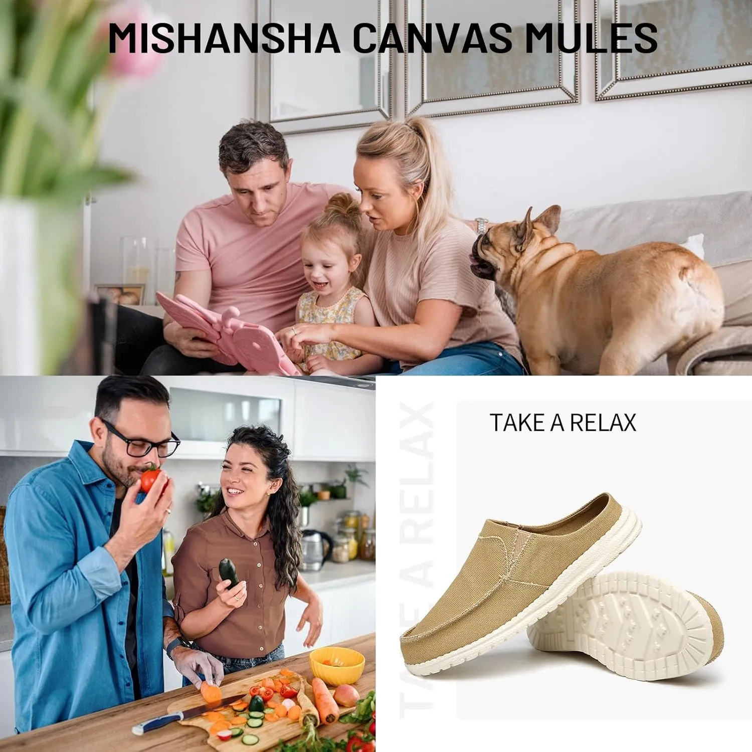 Mishansha Canvas Mules for Women Comfortable Slip on Shoes Men's Women's Indoor Outdoor House Shoes