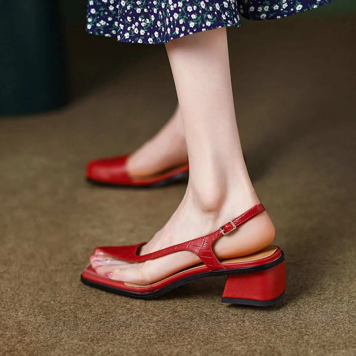 miss left Women Chic Clear Slingback Crocodile Low Chunky Block Heels Sandals Peep Toe Backstrap Slip On Pumps Graceful Evening Dance Shoes Size 4-16 US