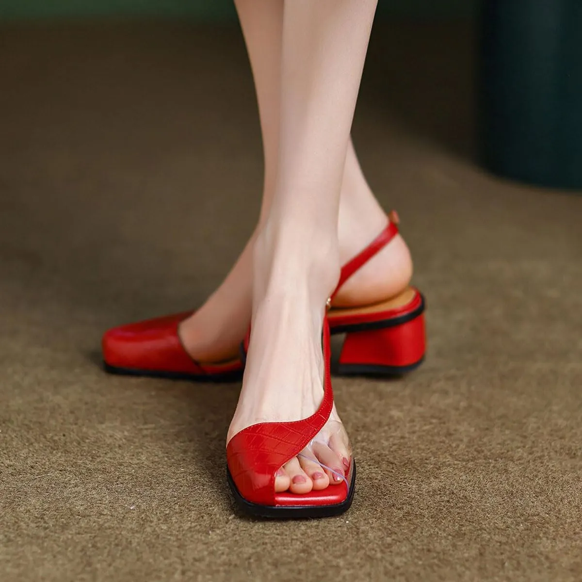 miss left Women Chic Clear Slingback Crocodile Low Chunky Block Heels Sandals Peep Toe Backstrap Slip On Pumps Graceful Evening Dance Shoes Size 4-16 US