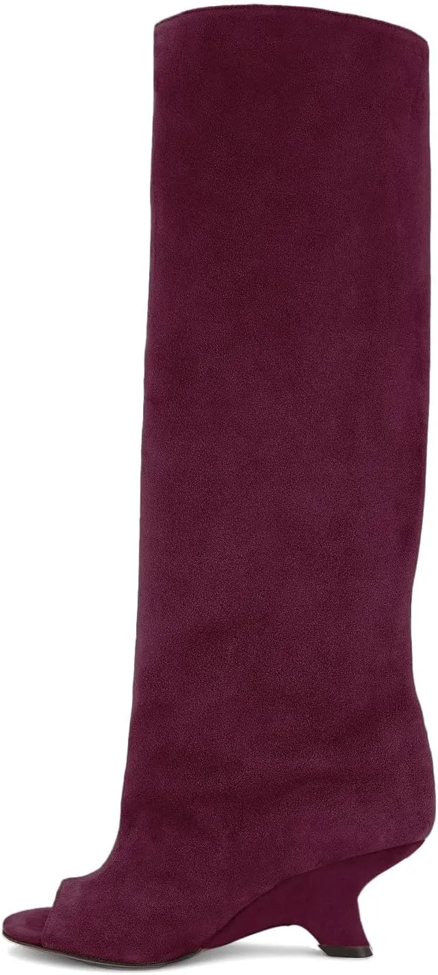 MissHeel Open Toe Suede Knee High Boots Wide Calf Wedge Heel Boots