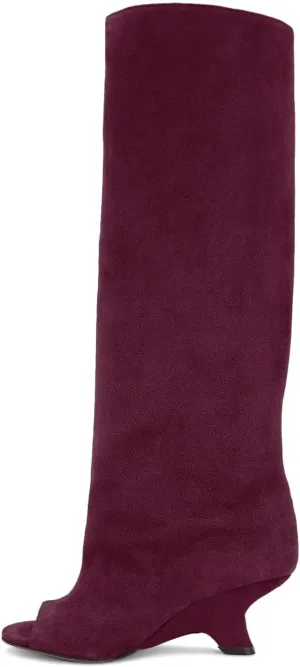 MissHeel Open Toe Suede Knee High Boots Wide Calf Wedge Heel Boots