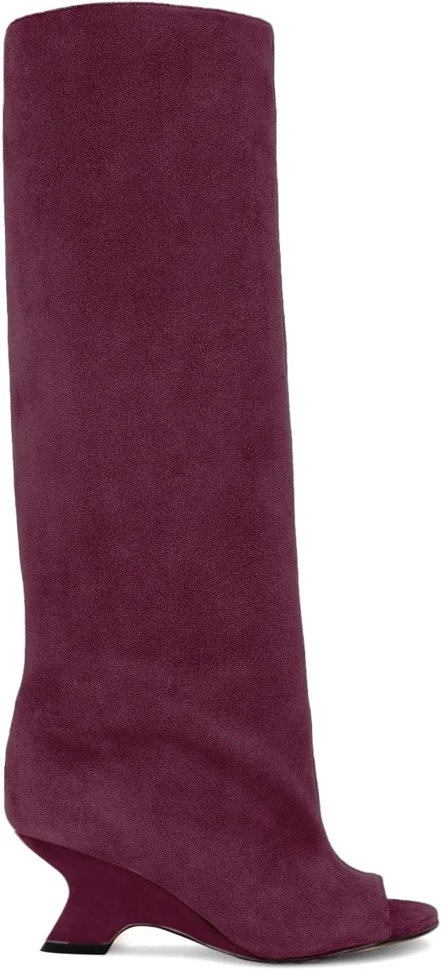 MissHeel Open Toe Suede Knee High Boots Wide Calf Wedge Heel Boots