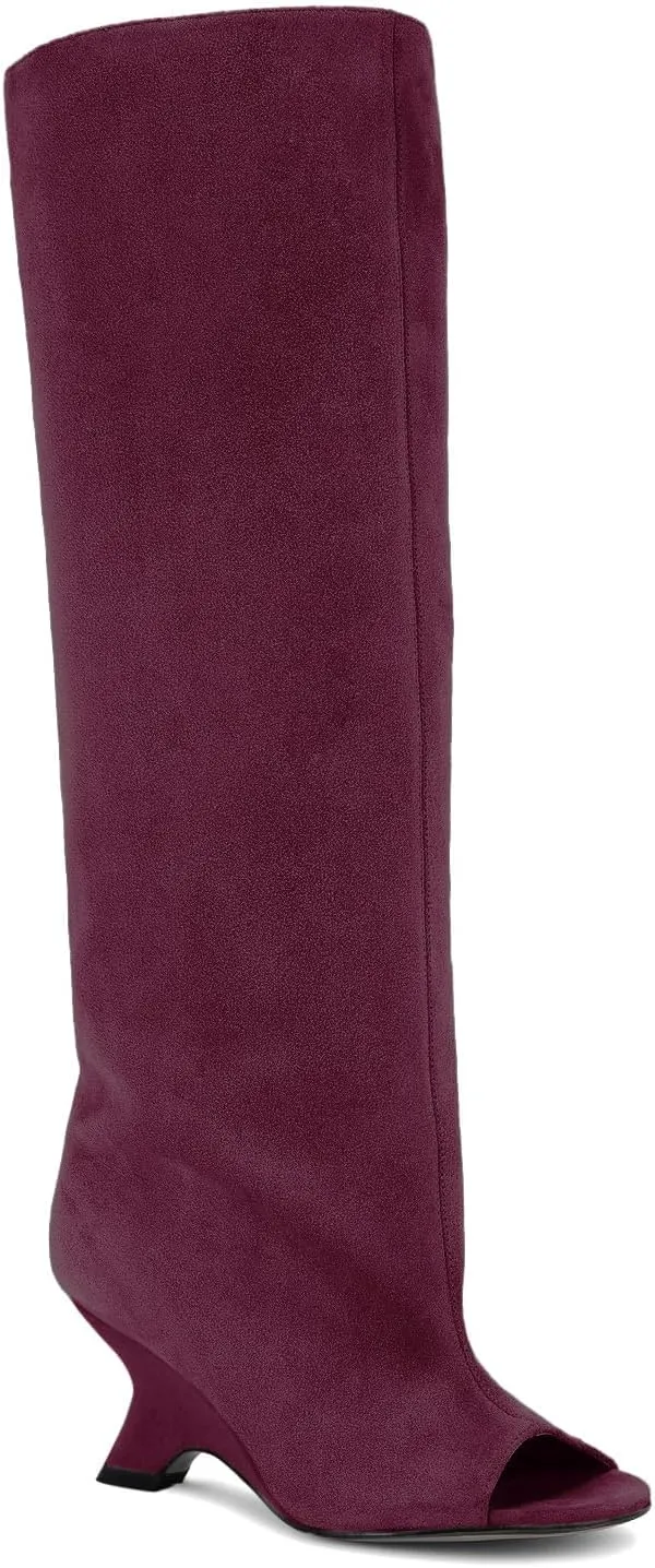 MissHeel Open Toe Suede Knee High Boots Wide Calf Wedge Heel Boots