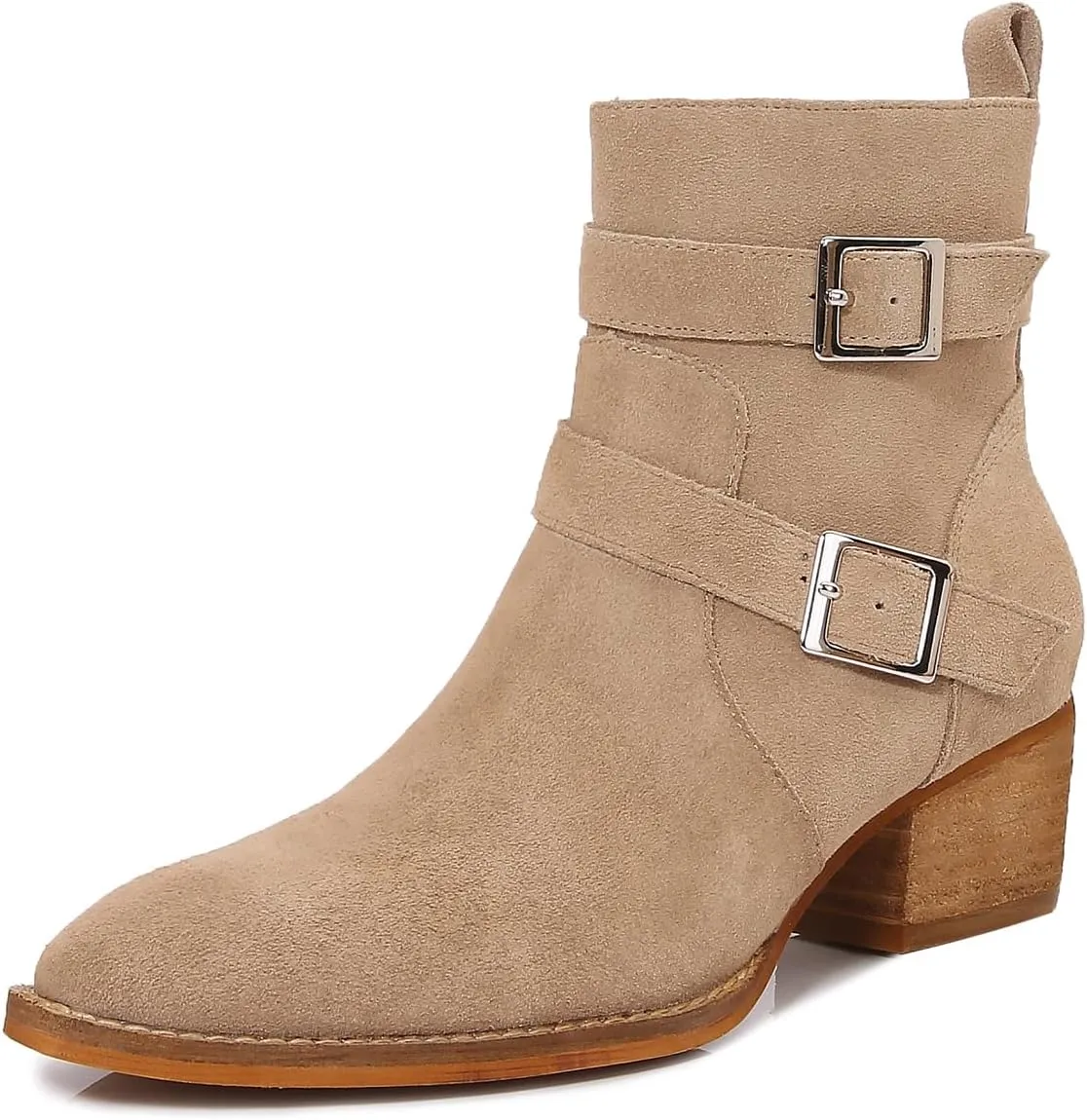 mm Women's Leather Ankle Boots with Adjustable Buckles, Classic Pointed Toe Chunky Wooden Low Heel Side Zipper Casual Chelsea Western Booties for Ladies Fall,Khaki Black