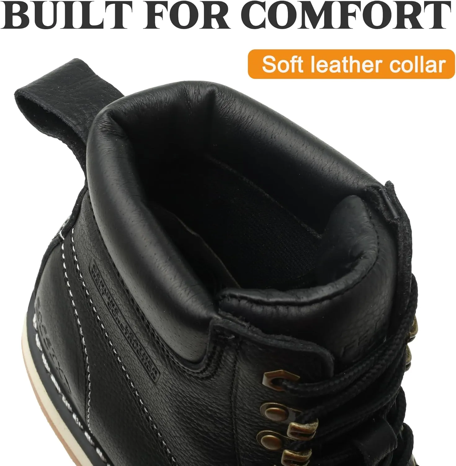 Moc Toe Work Boots for Men Soft Toe Comfortable Full Grain Leather Non Slip Wedge Outsole Construction 6" Workboots