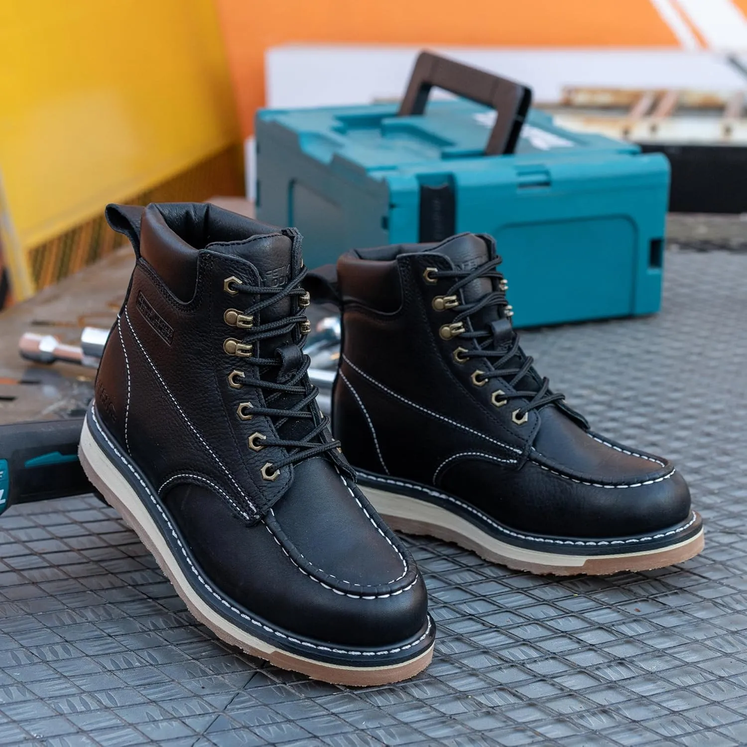 Moc Toe Work Boots for Men Soft Toe Comfortable Full Grain Leather Non Slip Wedge Outsole Construction 6" Workboots