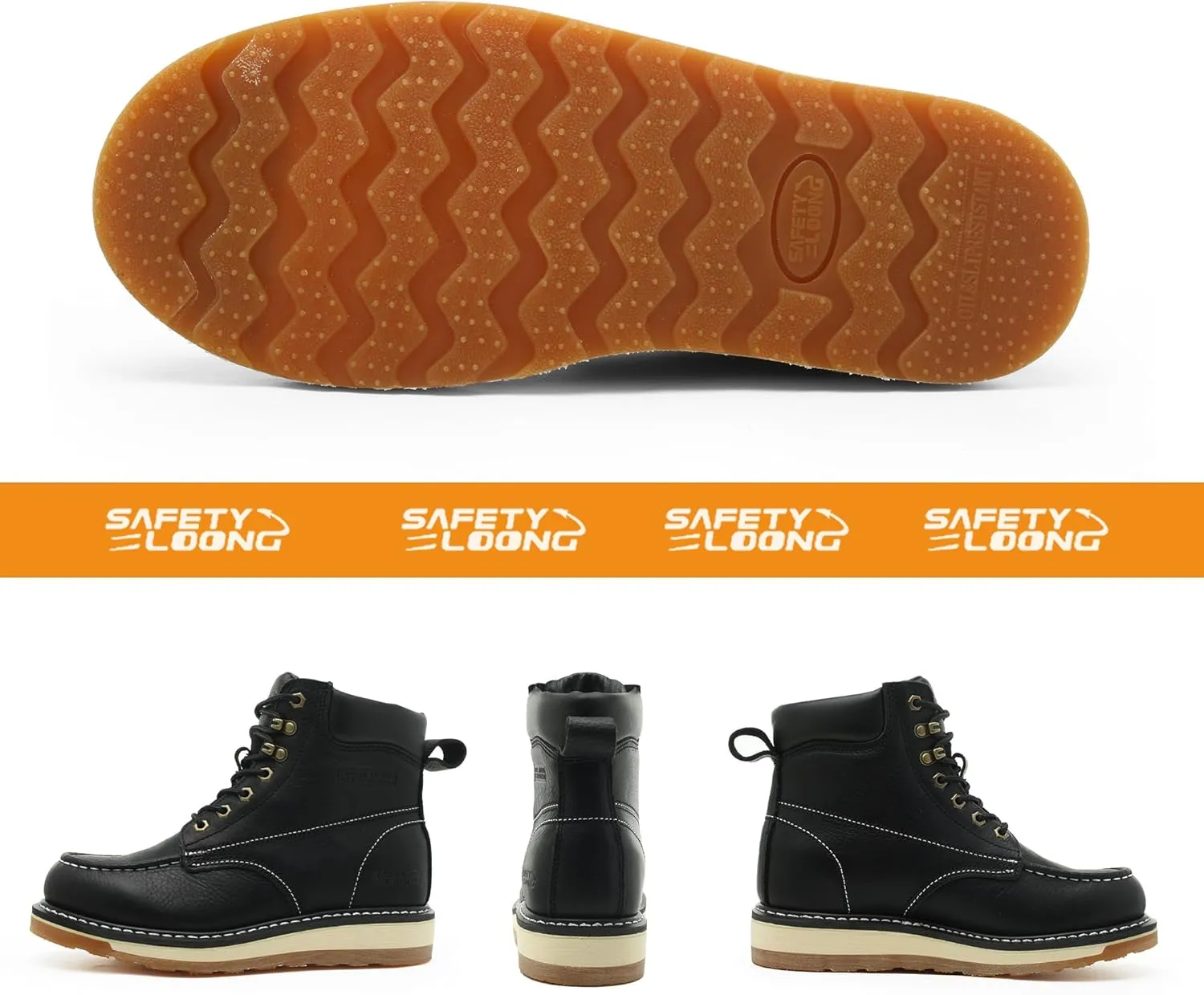 Moc Toe Work Boots for Men Soft Toe Comfortable Full Grain Leather Non Slip Wedge Outsole Construction 6" Workboots