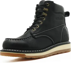 Moc Toe Work Boots for Men Soft Toe Comfortable Full Grain Leather Non Slip Wedge Outsole Construction 6" Workboots