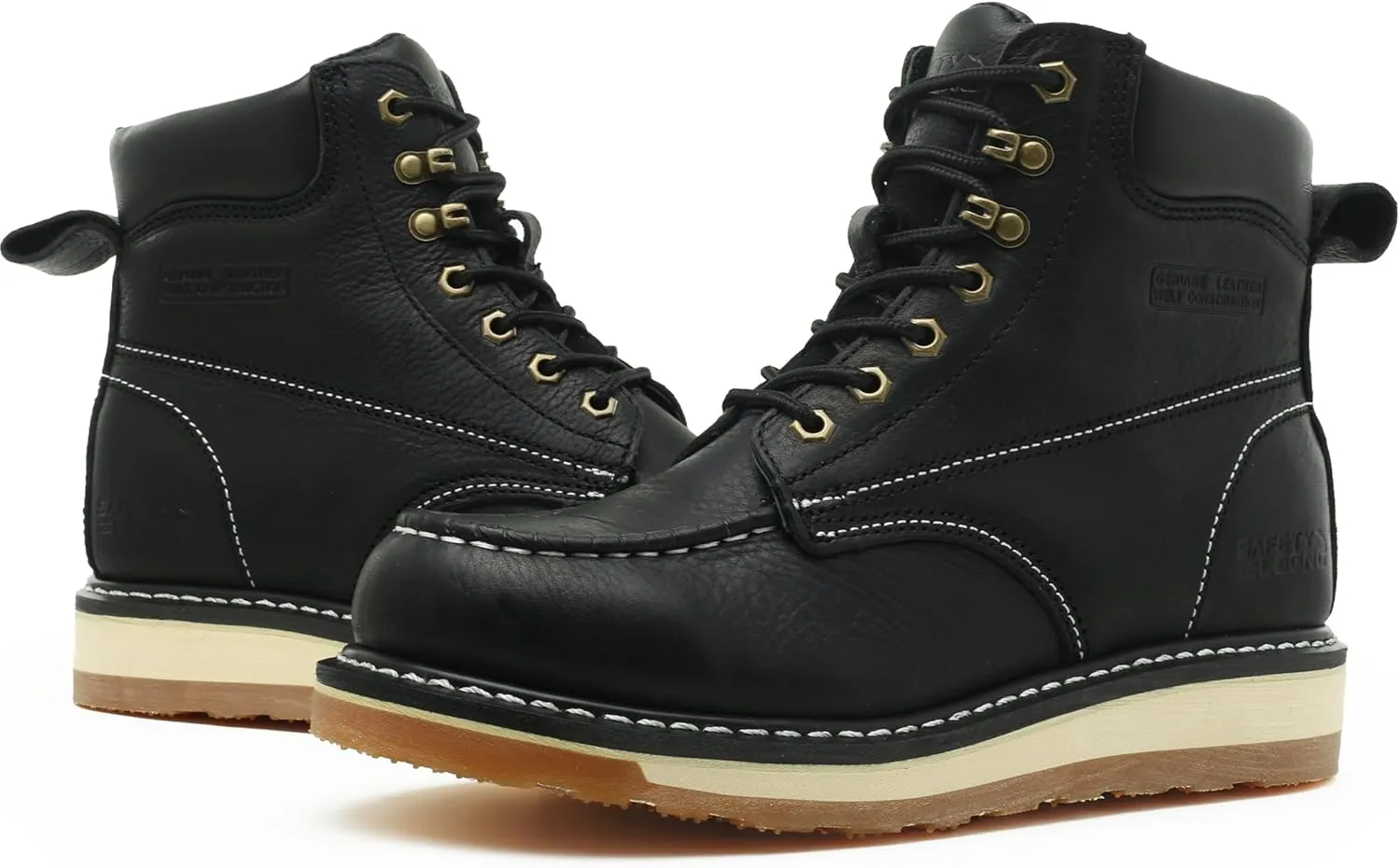 Moc Toe Work Boots for Men Soft Toe Comfortable Full Grain Leather Non Slip Wedge Outsole Construction 6" Workboots