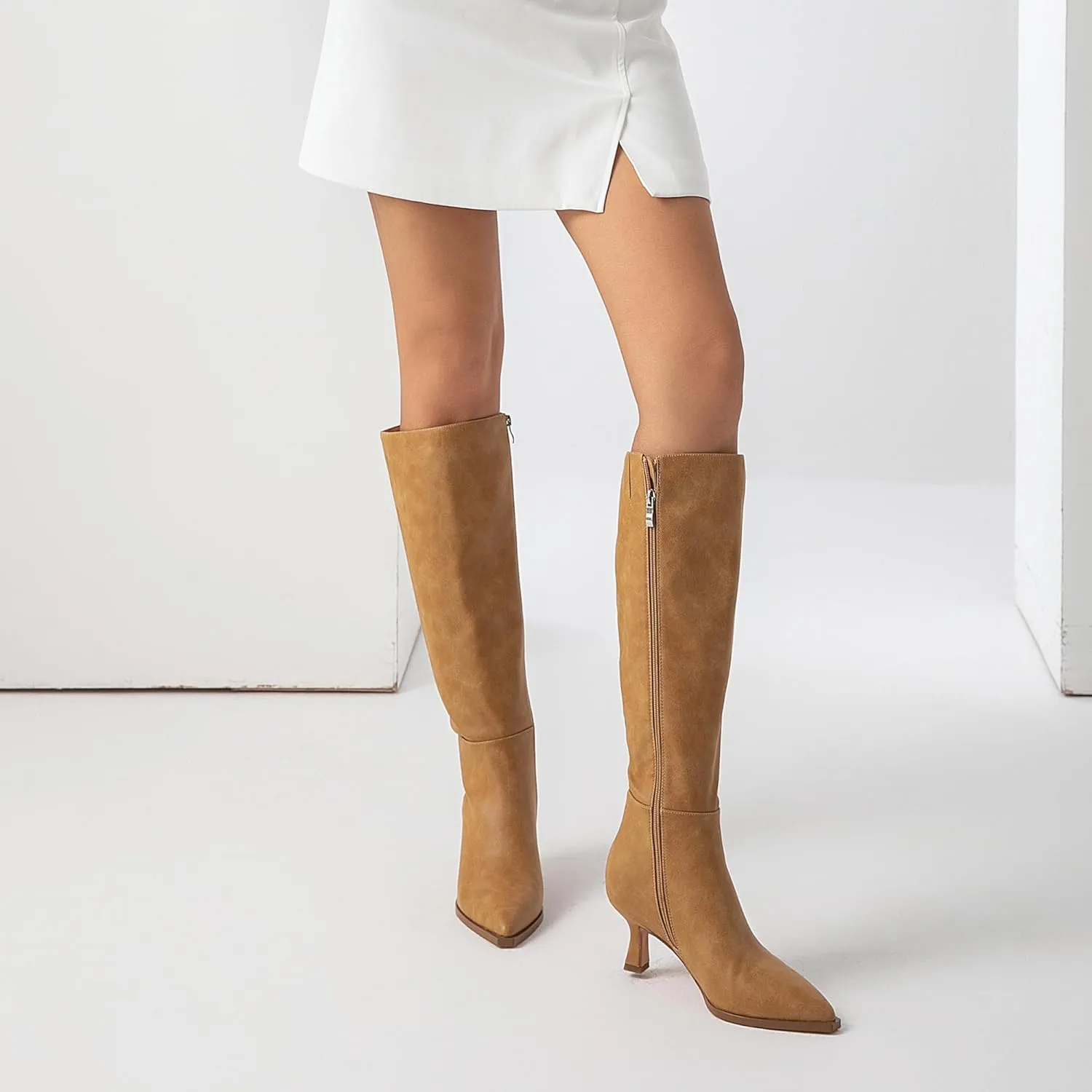 Modatope Knee High Boots Kitten Low Heel Faux Leather Pointed Toe Side Zipper Fall Long Tall Boots for Women