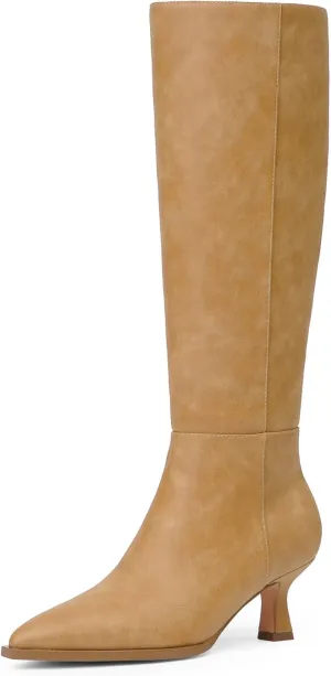 Modatope Knee High Boots Kitten Low Heel Faux Leather Pointed Toe Side Zipper Fall Long Tall Boots for Women