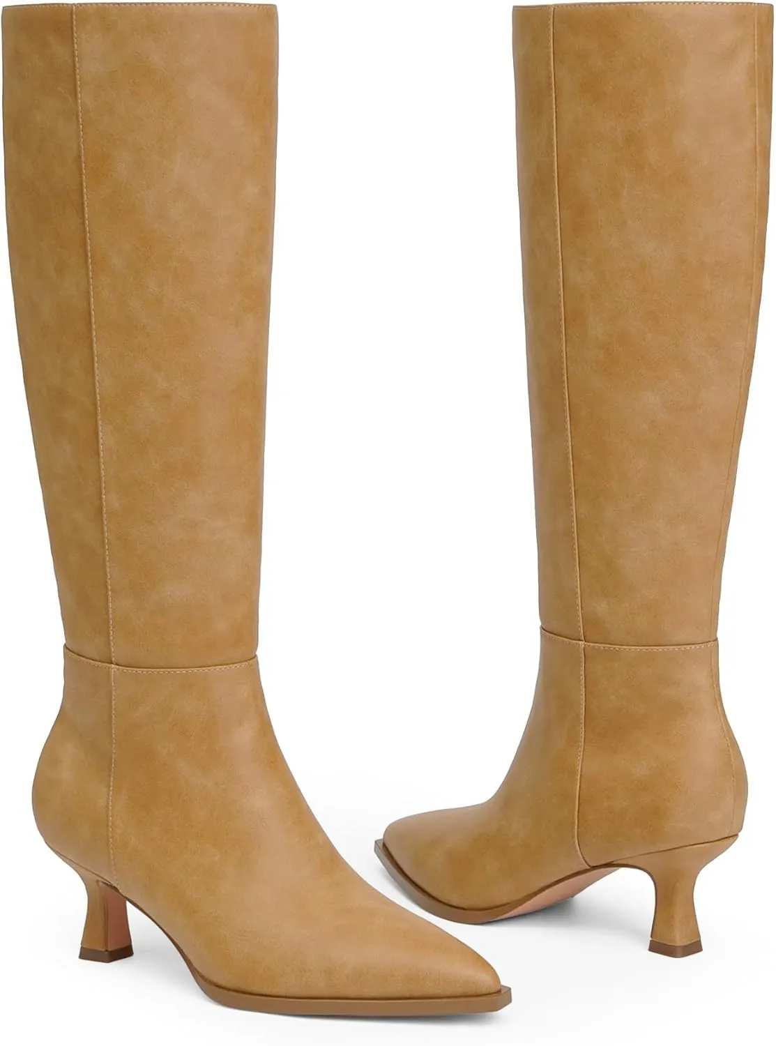 Modatope Knee High Boots Kitten Low Heel Faux Leather Pointed Toe Side Zipper Fall Long Tall Boots for Women