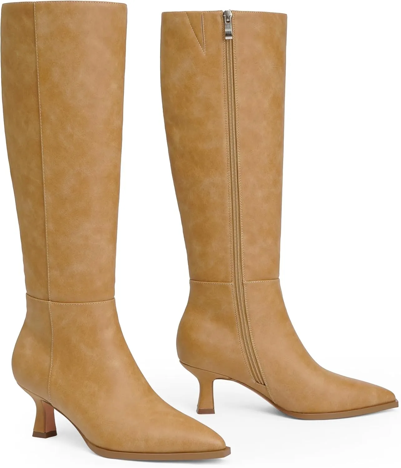 Modatope Knee High Boots Kitten Low Heel Faux Leather Pointed Toe Side Zipper Fall Long Tall Boots for Women