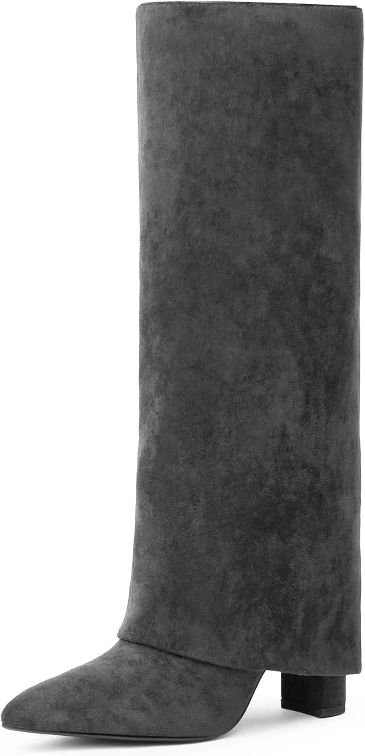 Modatope Knee High Boots Women Fold Over Knee High Boots Chunky High Heels Long Boots Zipper Pointed Toe Dress Tall Boots for Women