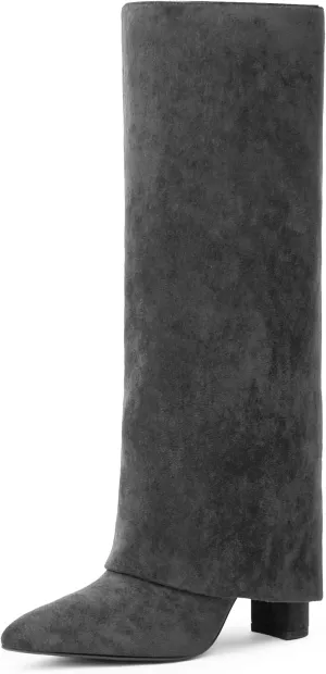 Modatope Knee High Boots Women Fold Over Knee High Boots Chunky High Heels Long Boots Zipper Pointed Toe Dress Tall Boots for Women