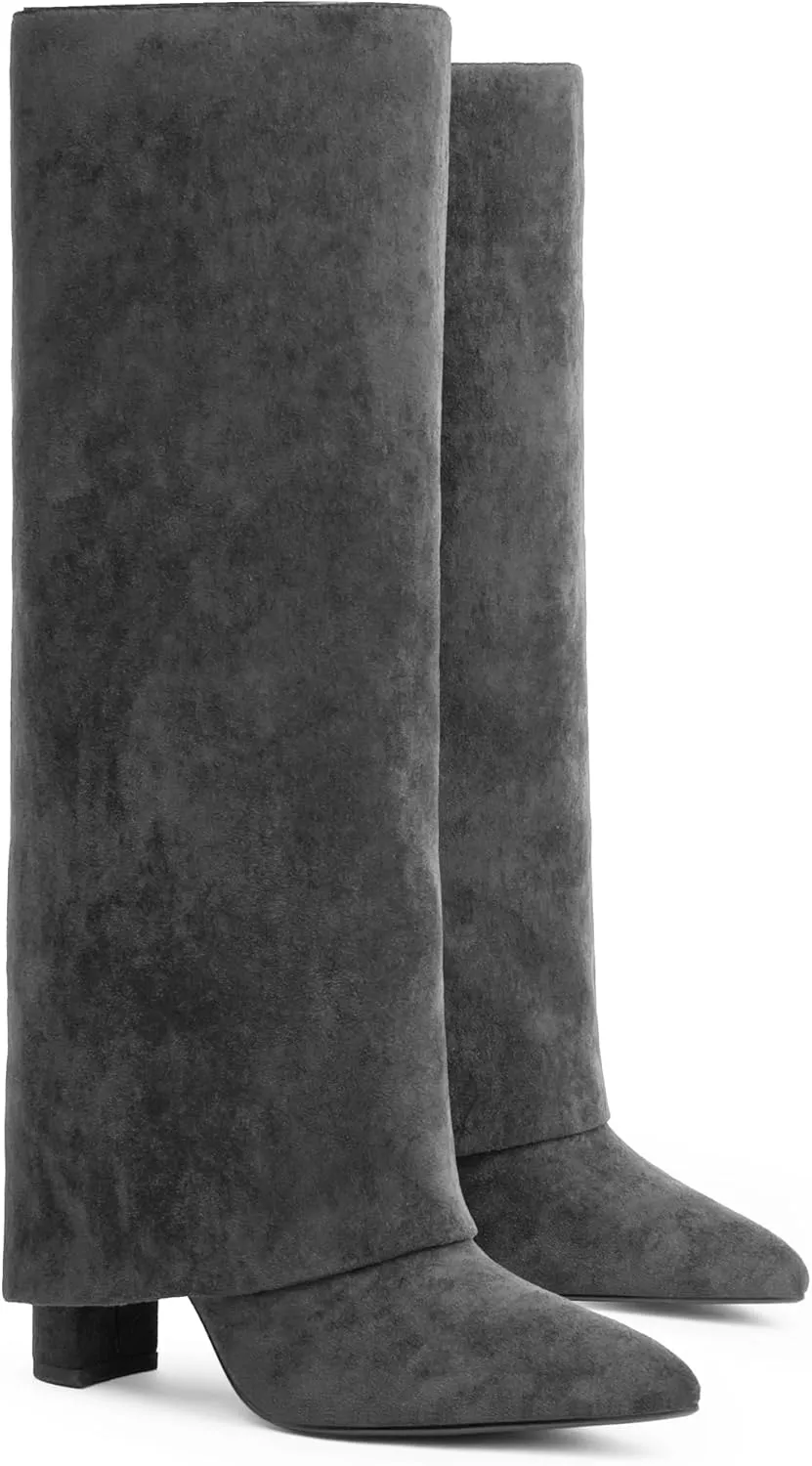 Modatope Knee High Boots Women Fold Over Knee High Boots Chunky High Heels Long Boots Zipper Pointed Toe Dress Tall Boots for Women